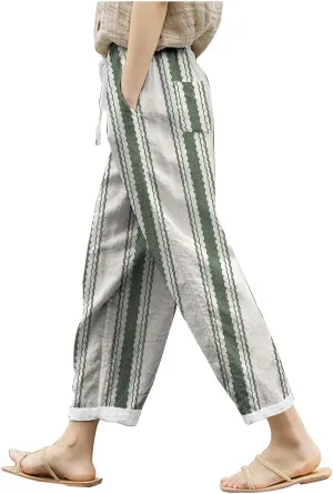 Women's Cotton Linen Summer Casual Loose Pants Elastic Waist Straight Loose Fit Trouser Office
