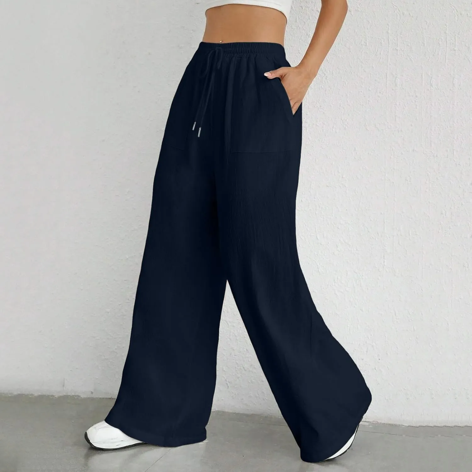 Women's Cotton Linen Summer Drawstring Pants Low Waist Bootcut Slim-Fit Pants Travel