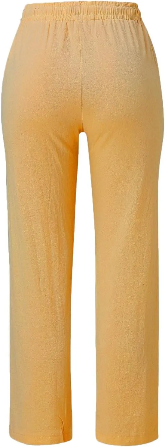 Womens Cotton Linen Summer Fashion Palazzo Pants Elastic Waisted Stretchy Slim Fit Trouser Work Business