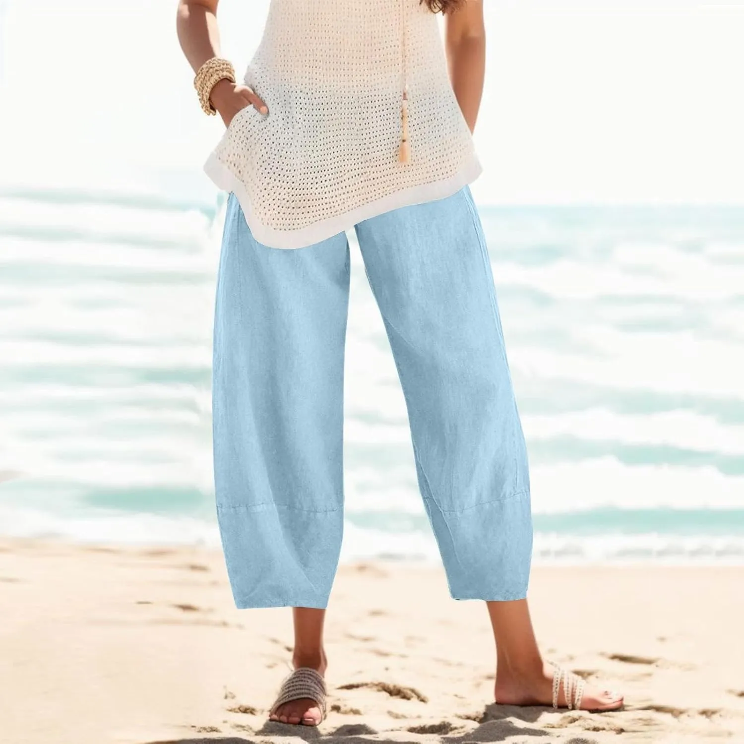 Women's Cotton Linen Summer Lightweigt Pants Elastic Waisted Long Lounge Slim-Fit Palazzo Lounge Pants