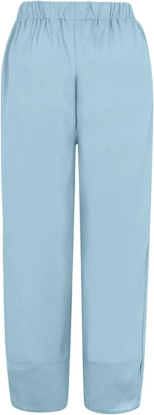 Women's Cotton Linen Summer Lightweigt Pants Elastic Waisted Long Lounge Slim-Fit Palazzo Lounge Pants