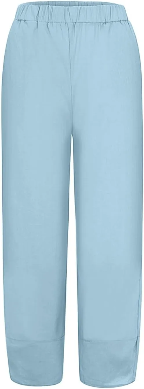 Women's Cotton Linen Summer Lightweigt Pants Elastic Waisted Long Lounge Slim-Fit Palazzo Lounge Pants
