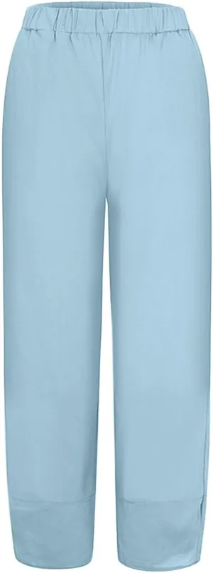 Women's Cotton Linen Summer Lightweigt Pants Elastic Waisted Long Lounge Slim-Fit Palazzo Lounge Pants