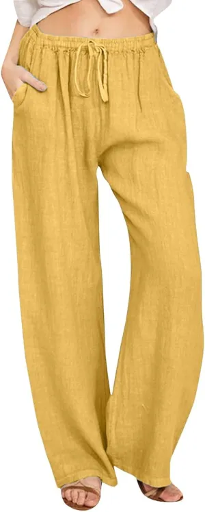 Women's Cotton Linen Summer Loose Palazzo Lounge Pants High Waist Straight Loose Fit Palazzo Pants Work Business