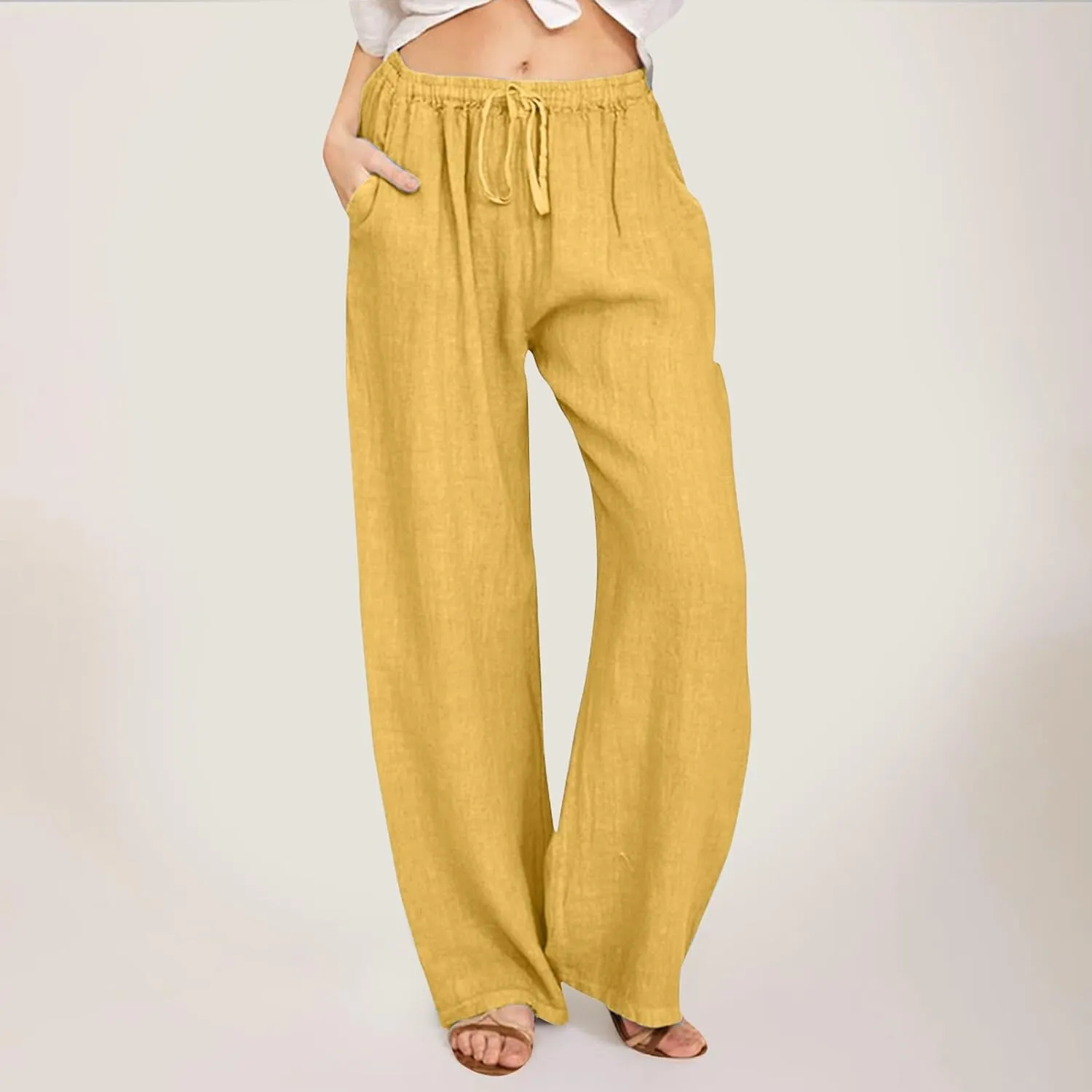 Women's Cotton Linen Summer Loose Palazzo Lounge Pants High Waist Straight Loose Fit Palazzo Pants Work Business