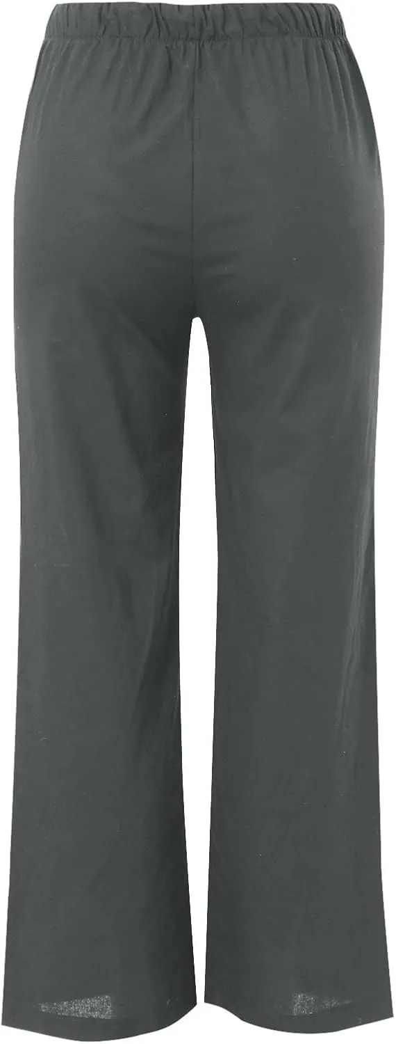 Women's Cotton Linen Summer Palazzo Pants Beach Flowy Wide Leg Trousers Drawstring Elastic Waist Slacks with Pockets