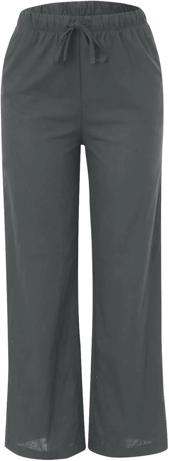 Women's Cotton Linen Summer Palazzo Pants Beach Flowy Wide Leg Trousers Drawstring Elastic Waist Slacks with Pockets
