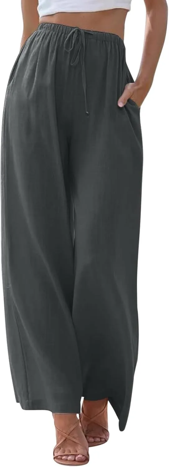 Women's Cotton Linen Summer Palazzo Pants Beach Flowy Wide Leg Trousers Drawstring Elastic Waist Slacks with Pockets