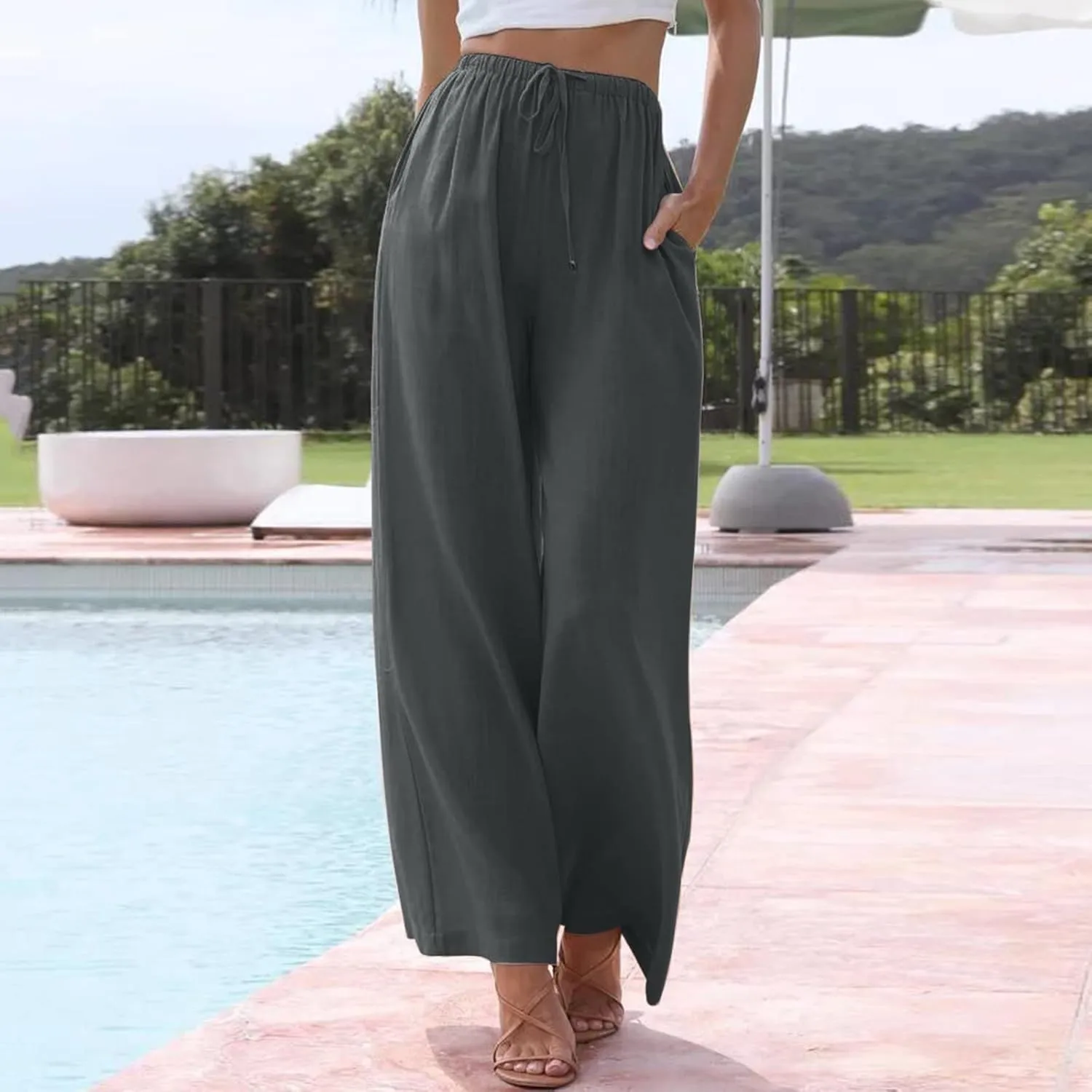 Women's Cotton Linen Summer Palazzo Pants Beach Flowy Wide Leg Trousers Drawstring Elastic Waist Slacks with Pockets