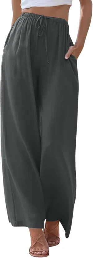 Women's Cotton Linen Summer Palazzo Pants Beach Flowy Wide Leg Trousers Drawstring Elastic Waist Slacks with Pockets