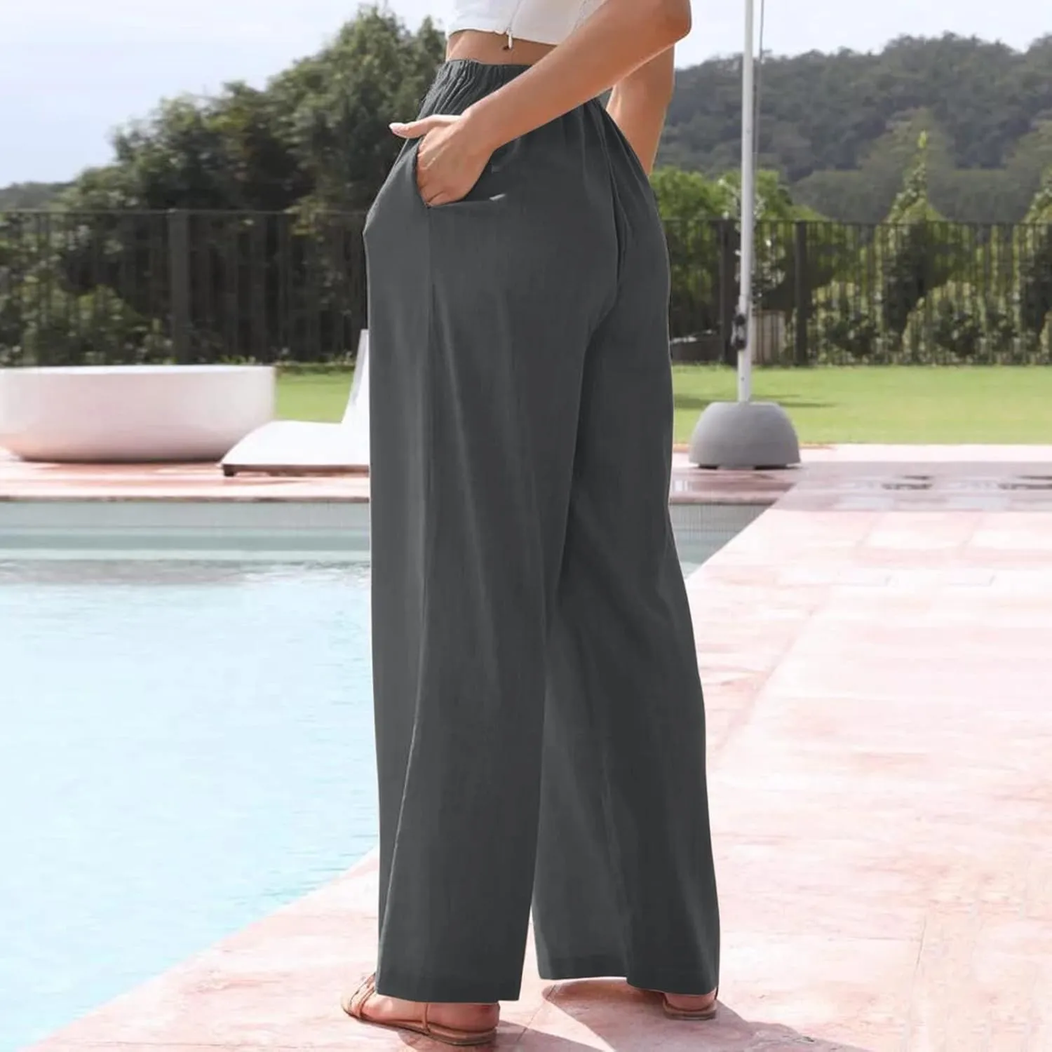 Women's Cotton Linen Summer Palazzo Pants Beach Flowy Wide Leg Trousers Drawstring Elastic Waist Slacks with Pockets