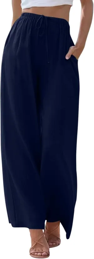 Womens Cotton Linen Summer Palazzo Pants Wide Leg Beach Flowy Trousers Drawstring Elastic Waist Slacks with Pockets