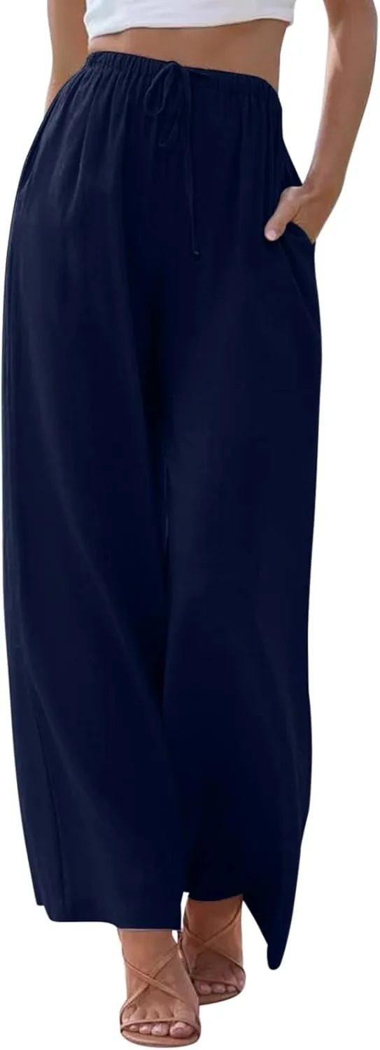 Womens Cotton Linen Summer Palazzo Pants Wide Leg Beach Flowy Trousers Drawstring Elastic Waist Slacks with Pockets