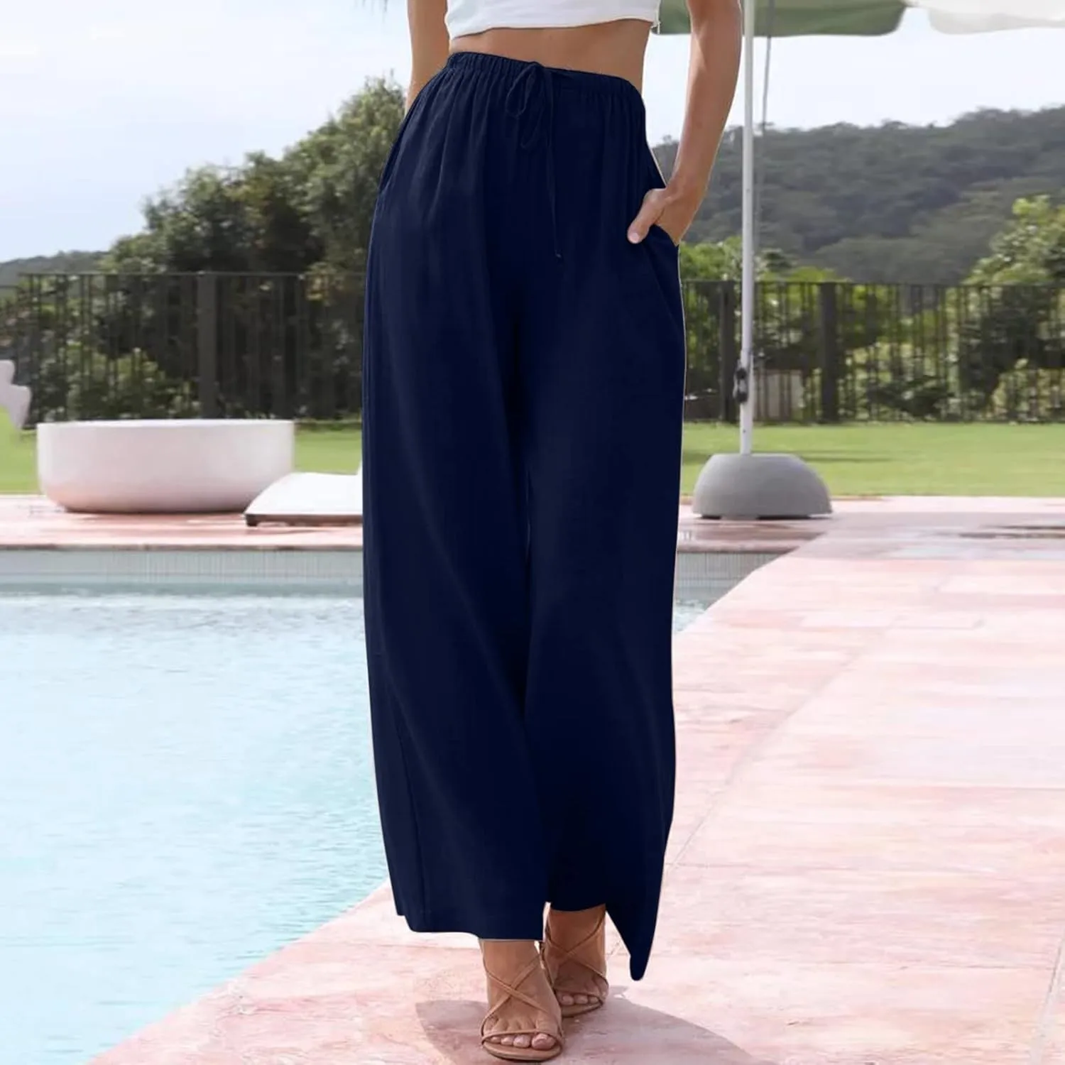 Womens Cotton Linen Summer Palazzo Pants Wide Leg Beach Flowy Trousers Drawstring Elastic Waist Slacks with Pockets