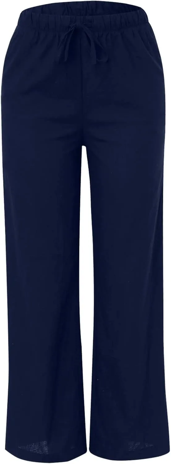 Womens Cotton Linen Summer Palazzo Pants Wide Leg Beach Flowy Trousers Drawstring Elastic Waist Slacks with Pockets