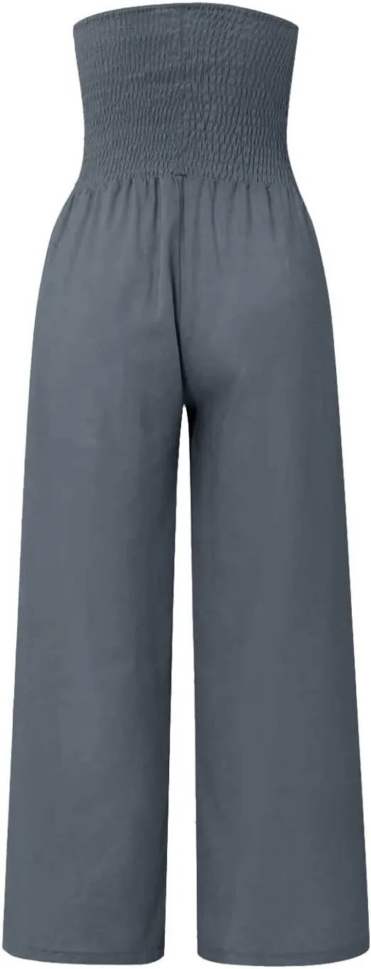 Women's Cotton Linen Summer Print Palazzo Pants Elastic Waisted Straight Plus Size Pant Trousers Vacation