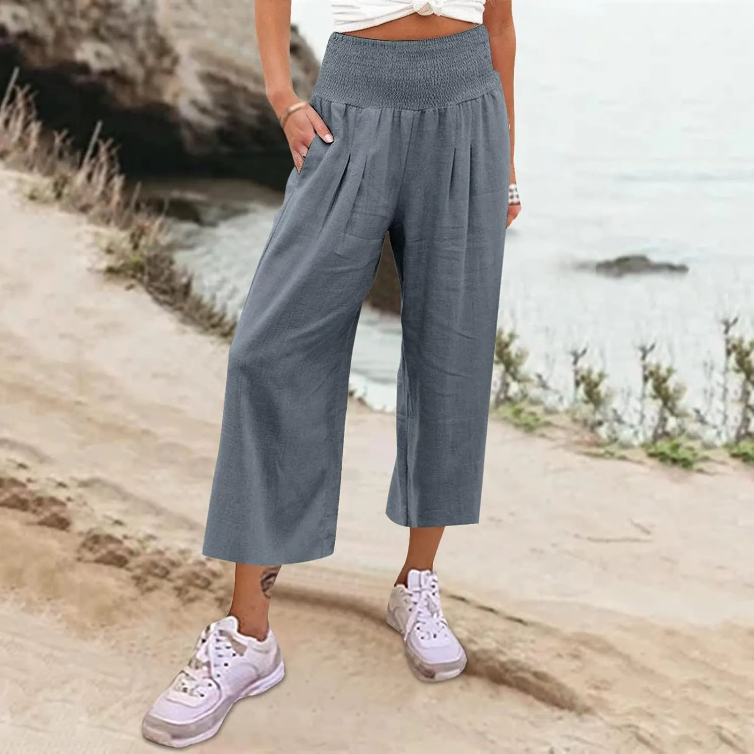 Women's Cotton Linen Summer Print Palazzo Pants Elastic Waisted Straight Plus Size Pant Trousers Vacation