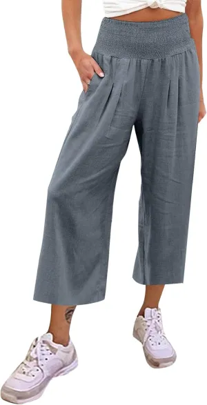 Women's Cotton Linen Summer Print Palazzo Pants Elastic Waisted Straight Plus Size Pant Trousers Vacation