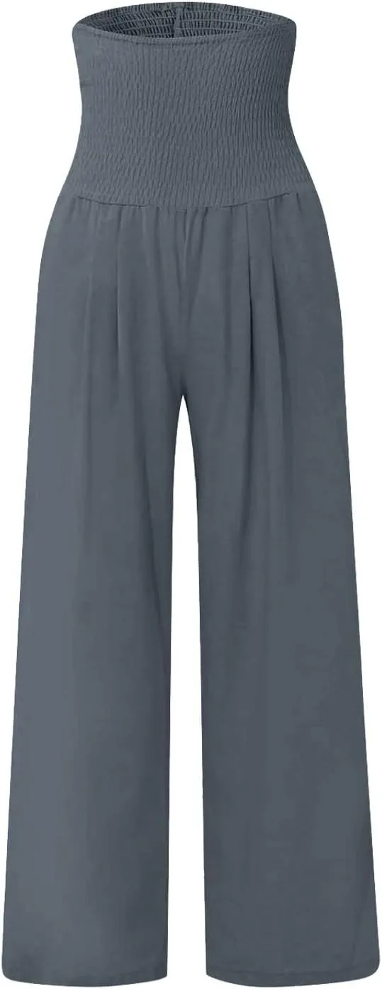 Women's Cotton Linen Summer Print Palazzo Pants Elastic Waisted Straight Plus Size Pant Trousers Vacation