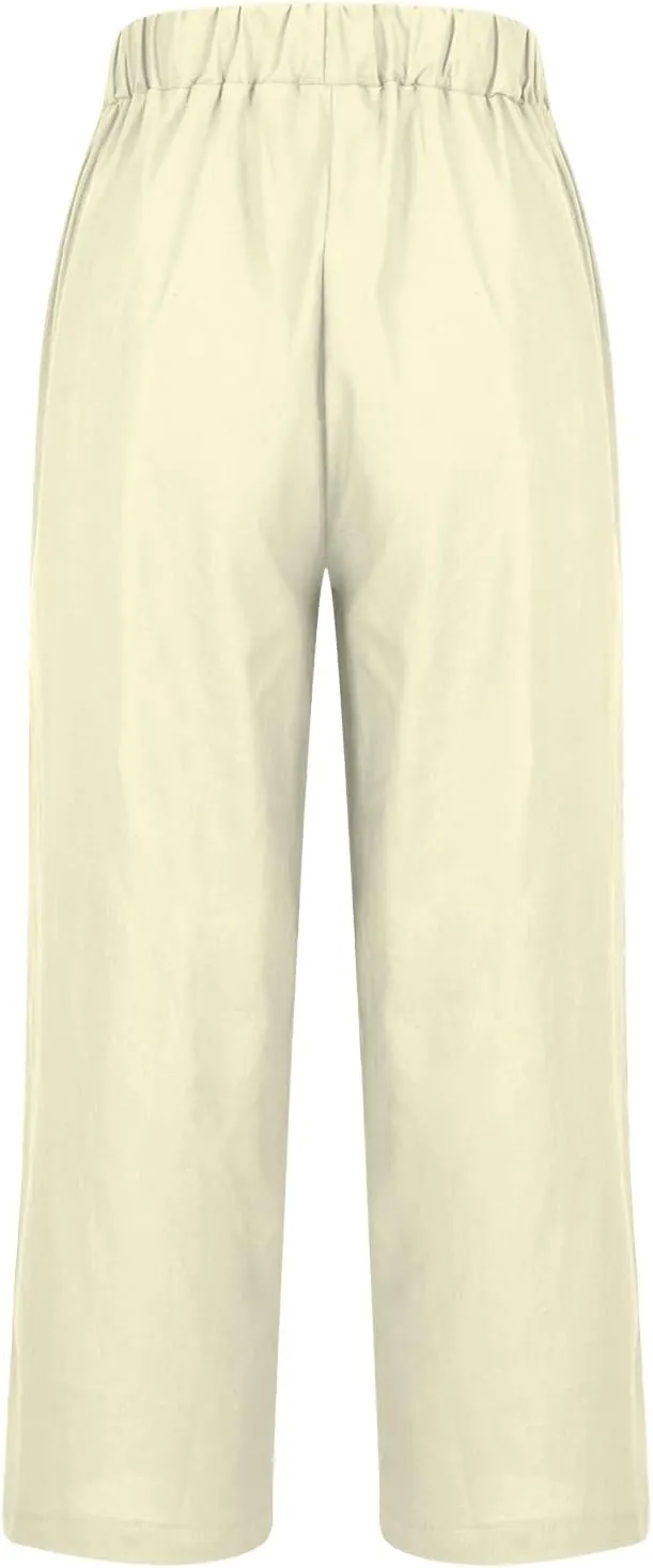 Women's Cropped Linen Pants Summer Elastic Waist Straight Leg Plus Size Crop Pant Casual Beach Trousers with Pocket