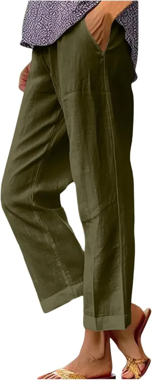 Women's Cropped Linen Pants Summer Elastic Waist Straight Leg Plus Size Crop Pant Casual Beach Trousers with Pocket