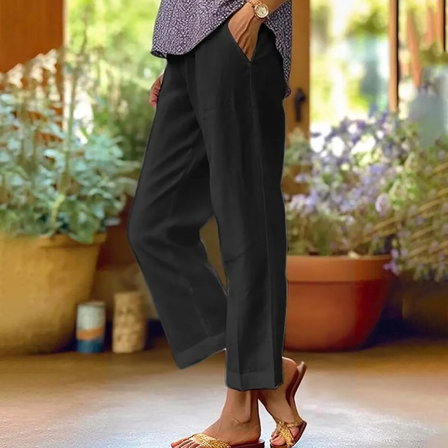 Women's Cropped Linen Pants Summer Elastic Waist Straight Leg Plus Size Crop Pant Casual Beach Trousers with Pocket