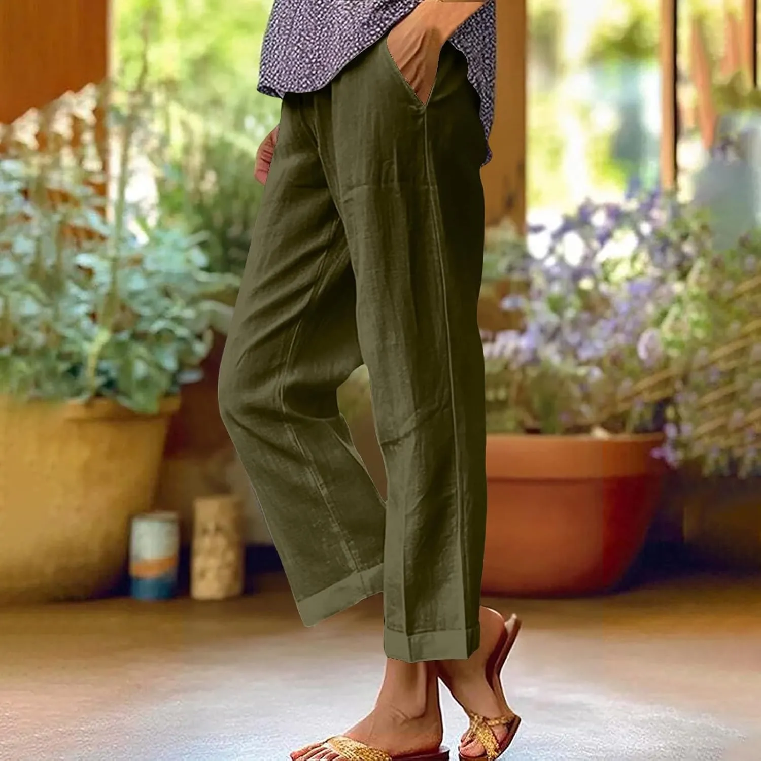Women's Cropped Linen Pants Summer Elastic Waist Straight Leg Plus Size Crop Pant Casual Beach Trousers with Pocket
