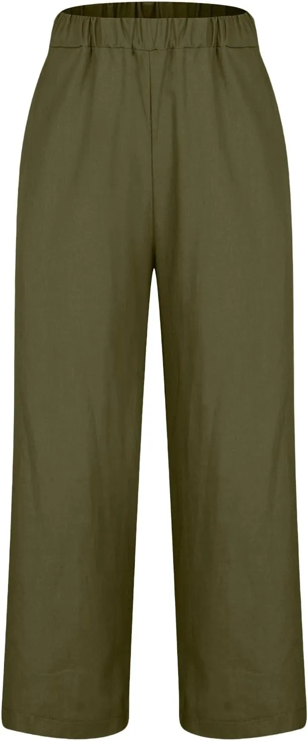Women's Cropped Linen Pants Summer Elastic Waist Straight Leg Plus Size Crop Pant Casual Beach Trousers with Pocket