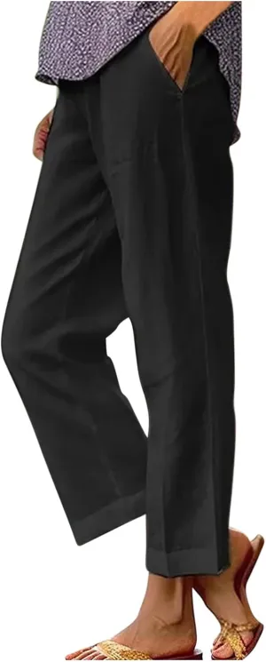 Women's Cropped Linen Pants Summer Elastic Waist Straight Leg Plus Size Crop Pant Casual Beach Trousers with Pocket