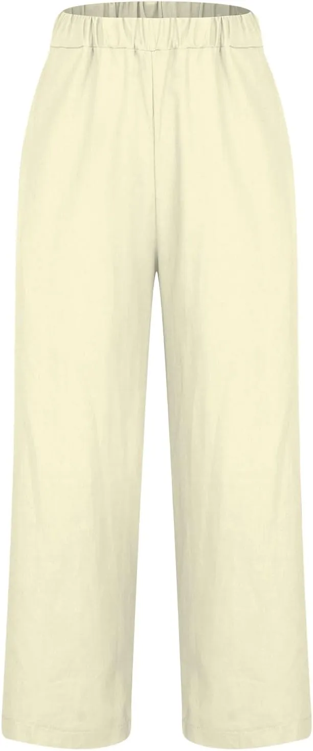 Women's Cropped Linen Pants Summer Elastic Waist Straight Leg Plus Size Crop Pant Casual Beach Trousers with Pocket