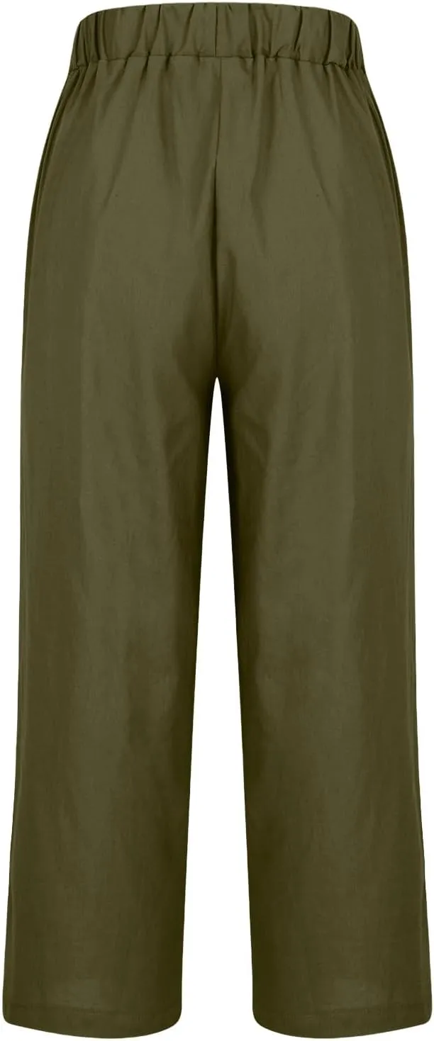 Women's Cropped Linen Pants Summer Elastic Waist Straight Leg Plus Size Crop Pant Casual Beach Trousers with Pocket