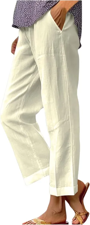 Women's Cropped Linen Pants Summer Elastic Waist Straight Leg Plus Size Crop Pant Casual Beach Trousers with Pocket