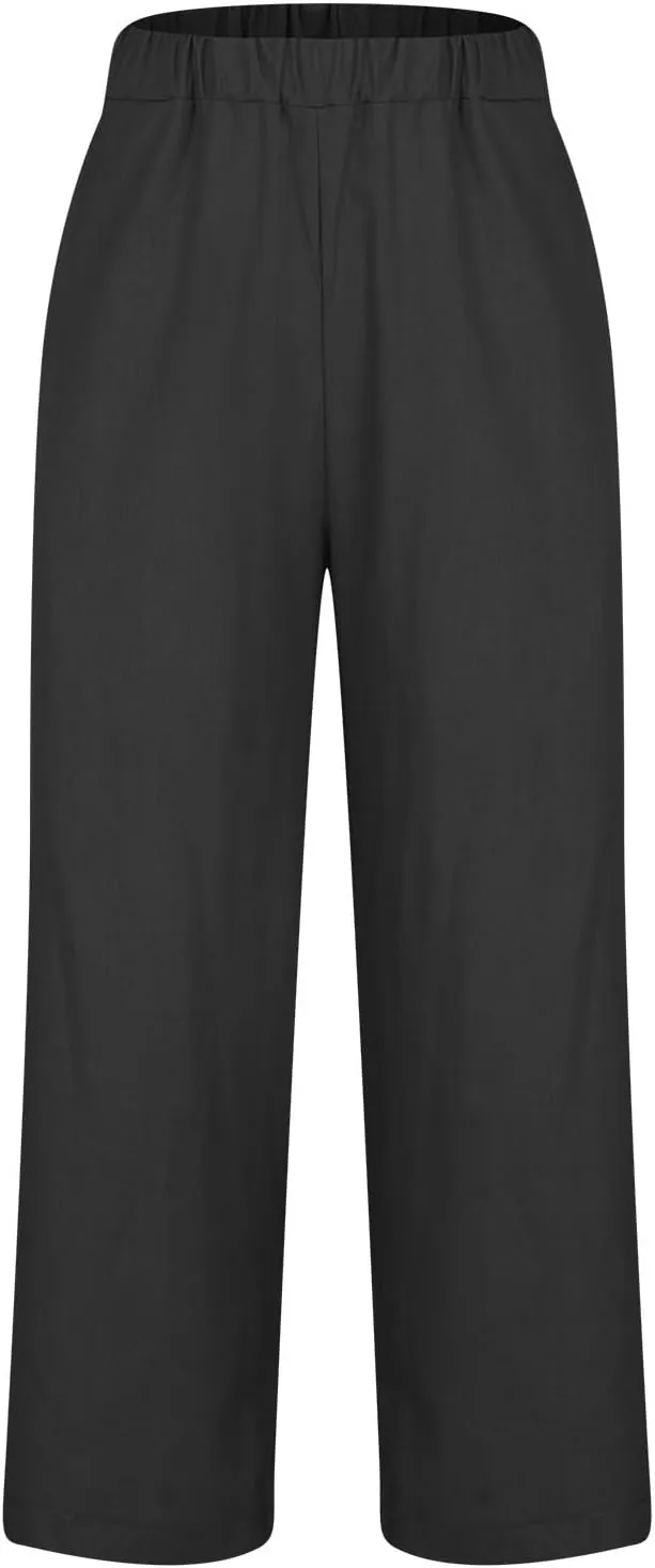 Women's Cropped Linen Pants Summer Elastic Waist Straight Leg Plus Size Crop Pant Casual Beach Trousers with Pocket