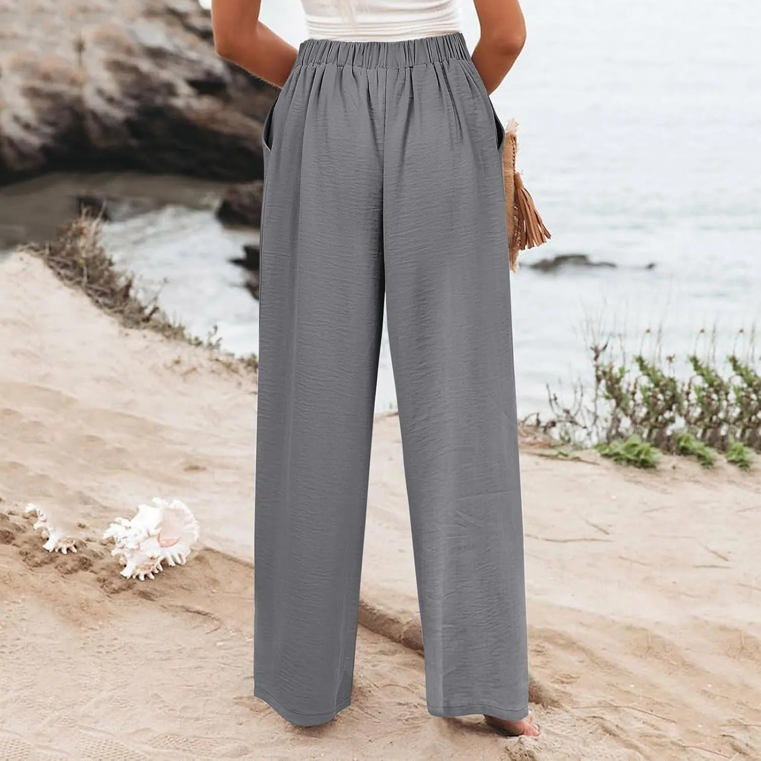 Women's Dress Pants Cotton Linen Wide Leg Pants with Pockets Button Down Office Pleated Business Casual Work Trousers