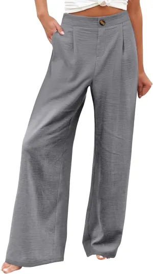 Women's Dress Pants Cotton Linen Wide Leg Pants with Pockets Button Down Office Pleated Business Casual Work Trousers