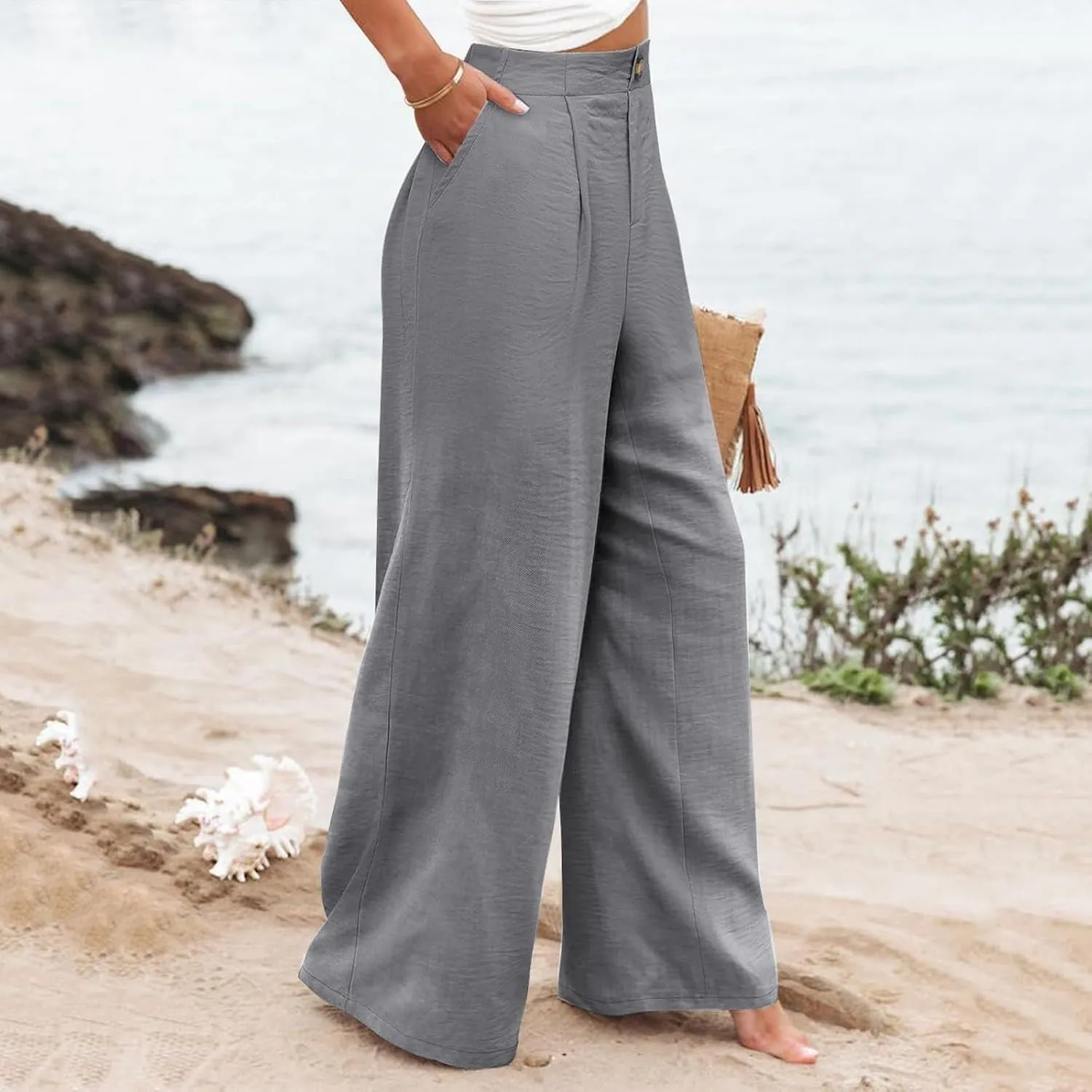 Women's Dress Pants Cotton Linen Wide Leg Pants with Pockets Button Down Office Pleated Business Casual Work Trousers