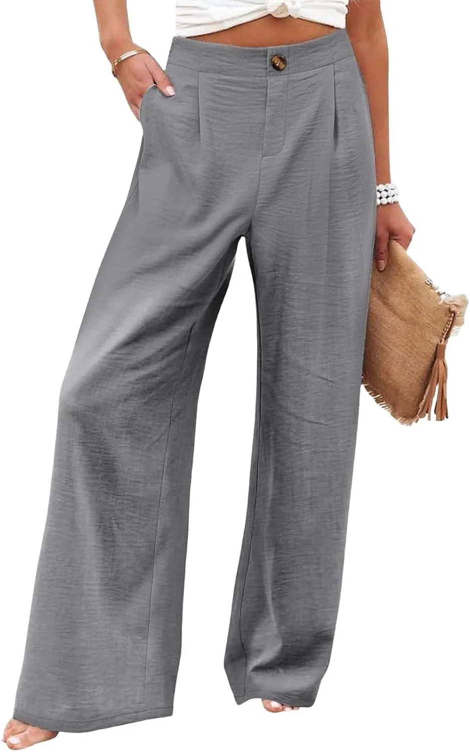 Women's Dress Pants Cotton Linen Wide Leg Pants with Pockets Button Down Office Pleated Business Casual Work Trousers