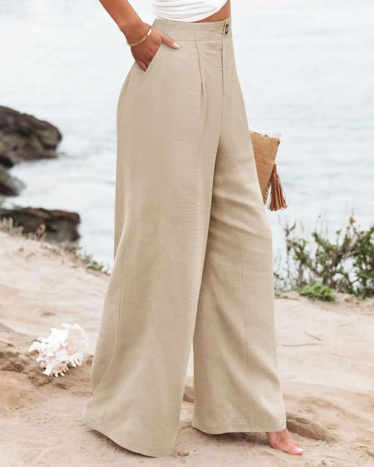 Women's Dress Pants Cotton Linen Wide Leg Pants with Pockets Button Down Office Pleated Business Casual Work Trousers