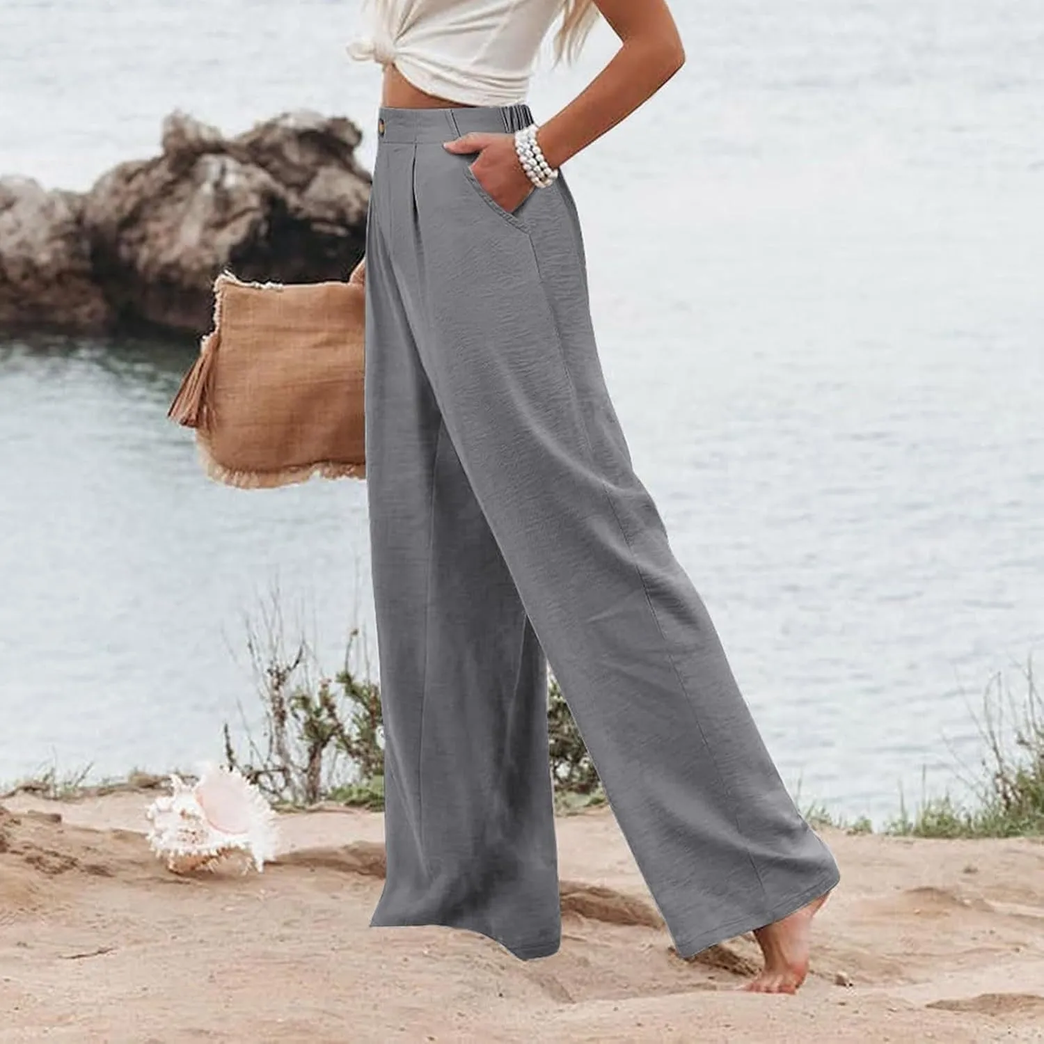 Women's Dress Pants Cotton Linen Wide Leg Pants with Pockets Button Down Office Pleated Business Casual Work Trousers