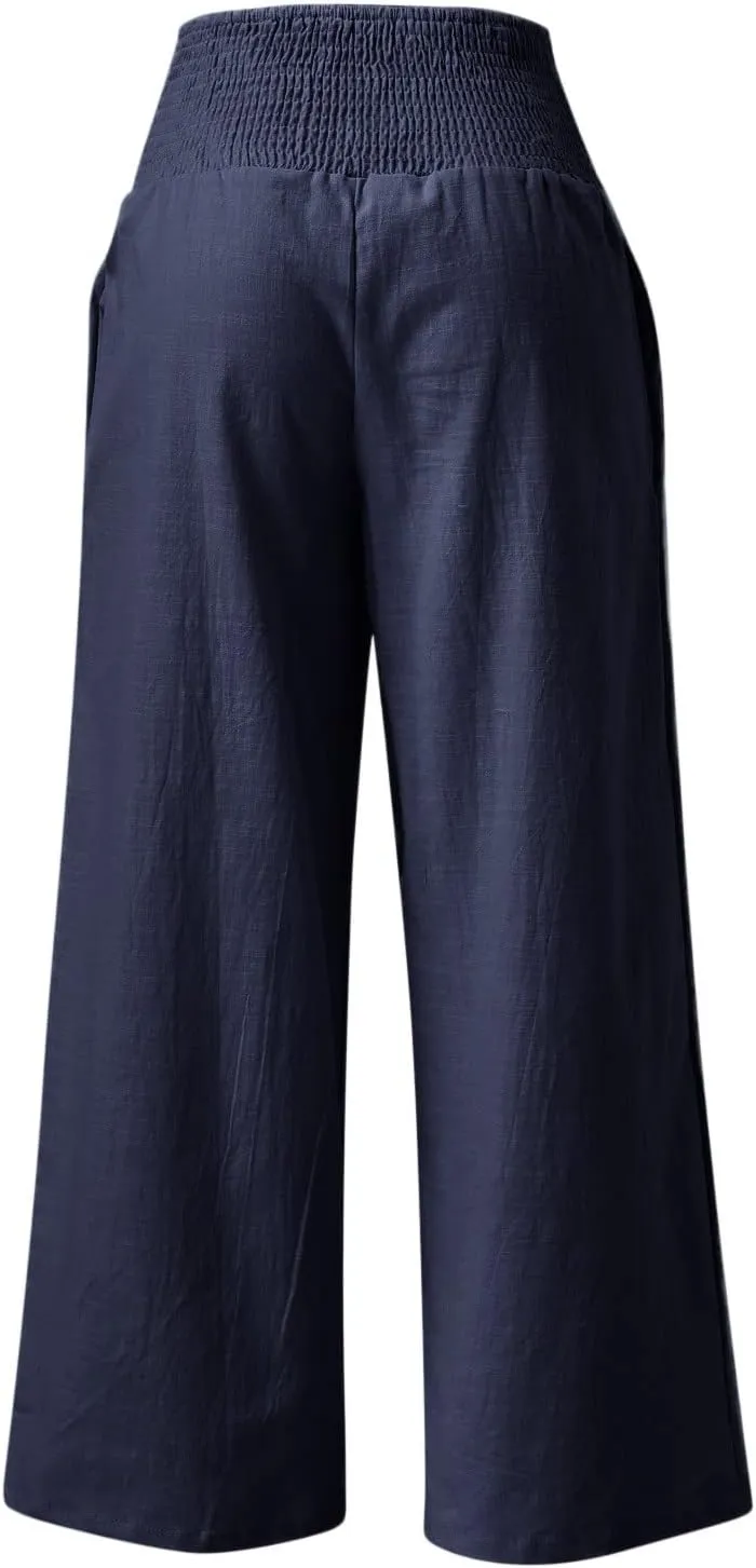 Women's Elastic High Waist Trousers Casual Solid Color Cotton Linen Wide Leg Pants Loose Pull-on Trousers