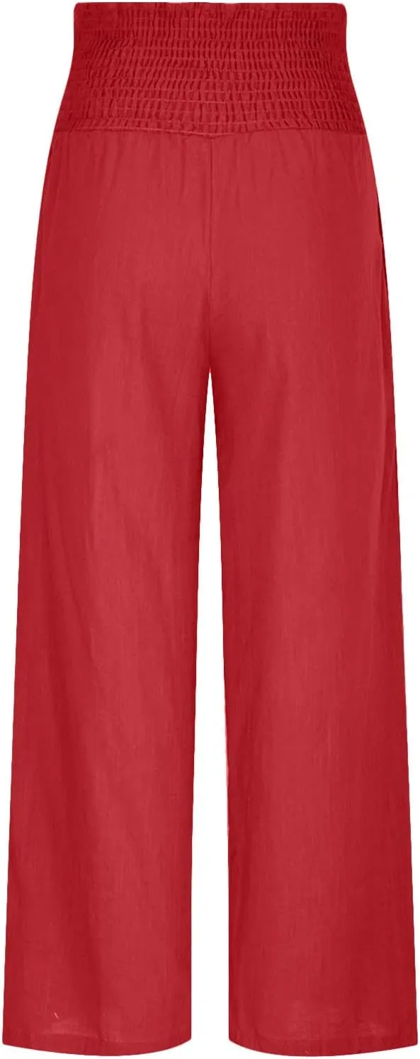 Womens Elastic High Waisted Palazzo Pants Summer Casual Cotton Linen Pants Flowy Wide Leg Trousers with Pocket