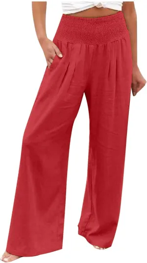 Womens Elastic High Waisted Palazzo Pants Summer Casual Cotton Linen Pants Flowy Wide Leg Trousers with Pocket