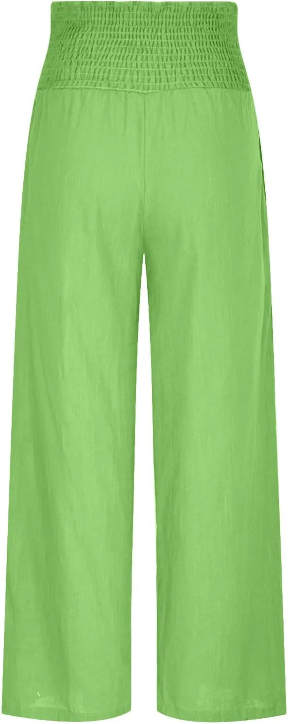 Womens Elastic High Waisted Palazzo Pants Summer Casual Cotton Linen Pants Flowy Wide Leg Trousers with Pocket