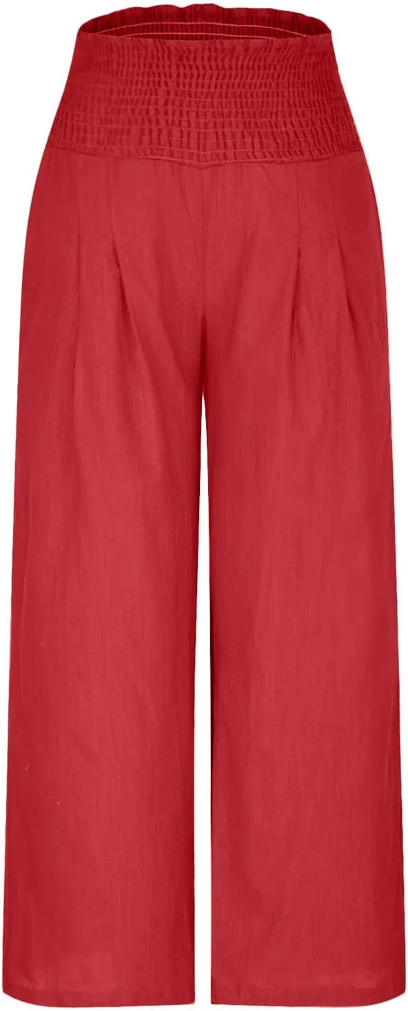 Womens Elastic High Waisted Palazzo Pants Summer Casual Cotton Linen Pants Flowy Wide Leg Trousers with Pocket