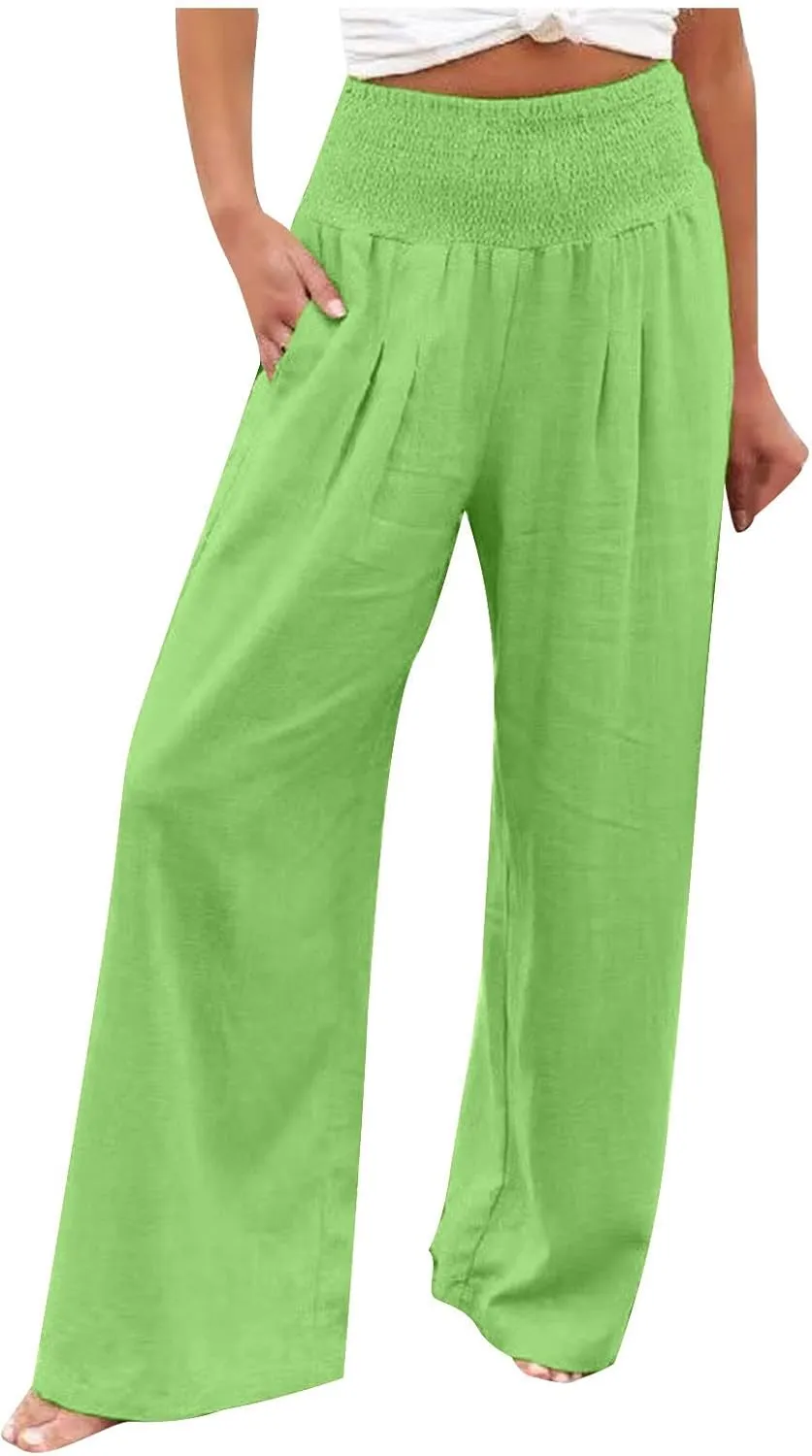 Womens Elastic High Waisted Palazzo Pants Summer Casual Cotton Linen Pants Flowy Wide Leg Trousers with Pocket