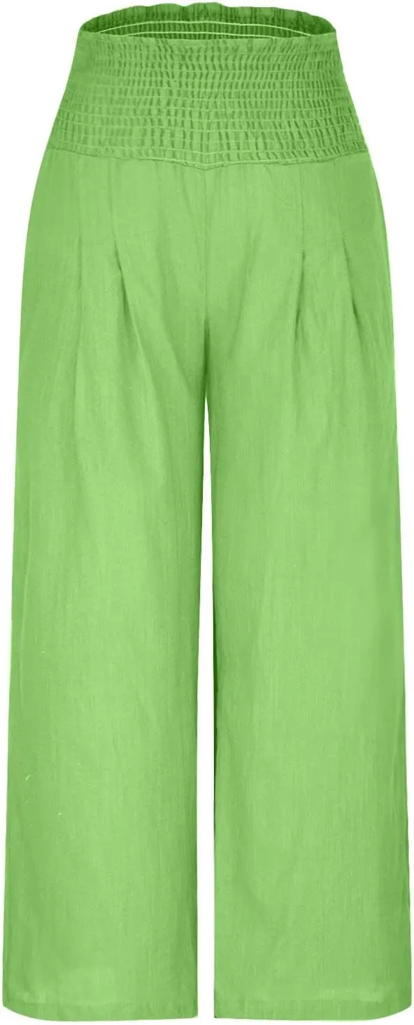 Womens Elastic High Waisted Palazzo Pants Summer Casual Cotton Linen Pants Flowy Wide Leg Trousers with Pocket