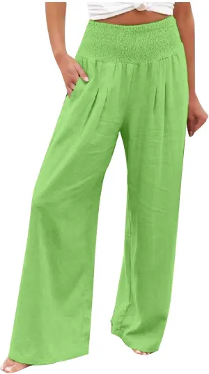 Womens Elastic High Waisted Palazzo Pants Summer Casual Cotton Linen Pants Flowy Wide Leg Trousers with Pocket
