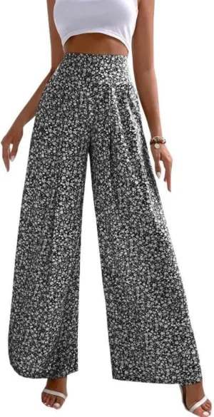 Womens Floral Print Pants High Waisted Tummy Control Trousers Wide Leg Long Lounge Pant Fashion Comfy Summer Trouser