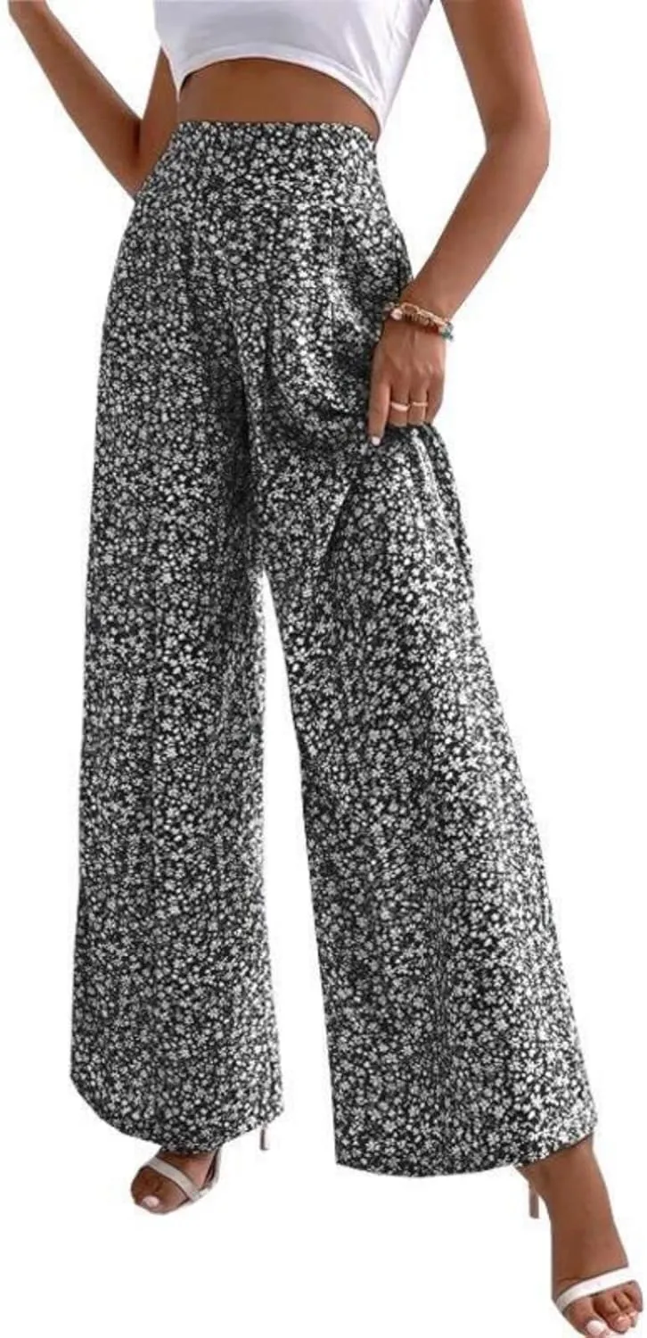 Womens Floral Print Pants High Waisted Tummy Control Trousers Wide Leg Long Lounge Pant Fashion Comfy Summer Trouser