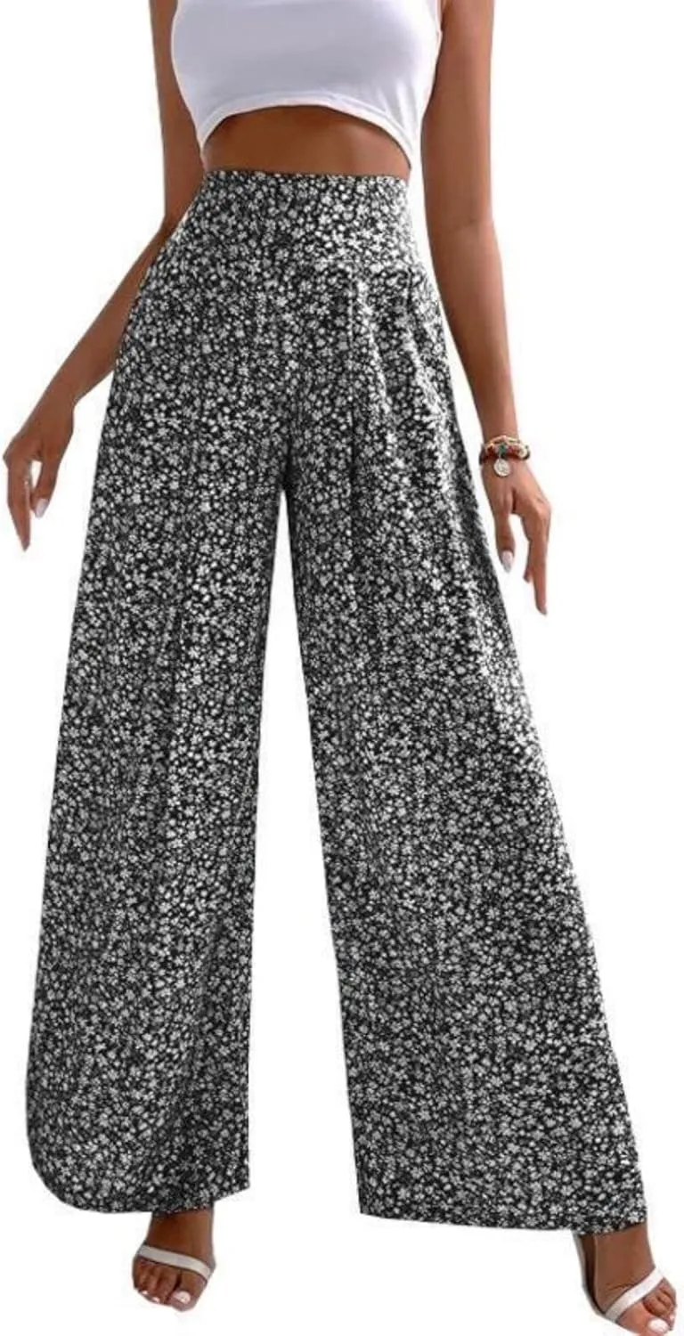 Womens Floral Print Pants High Waisted Tummy Control Trousers Wide Leg Long Lounge Pant Fashion Comfy Summer Trouser